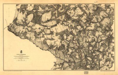 21,120. LC Civil War Maps (2nd ed.), 531.3 In questa edizione, la mappa è stampata su uno sfondo giallo con il fiume Chickahominy colorato di verde. Mostra strade, Virginia Central R. R., case, recinzioni, nomi degli abitanti, vegetazione, drenaggio e rili da N. Michler