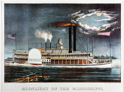 Chiaro di luna sul Mississippi, piroscafo Great Republic ... (stampa a colori) da N. and Ives J.M. (1824-95) Currier