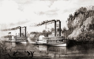 Battelli a vapore che gareggiano sul fiume Mississippi, USA da N. and Ives J.M. Currier