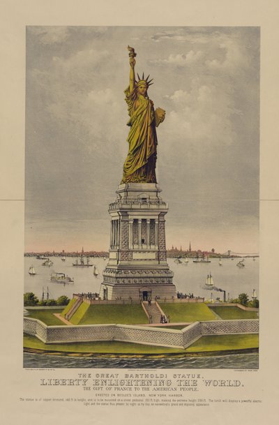 La grande statua di Bartholdi, La Libertà che illumina il mondo, il dono della Francia al popolo americano, c.1885 da Currier and Ives