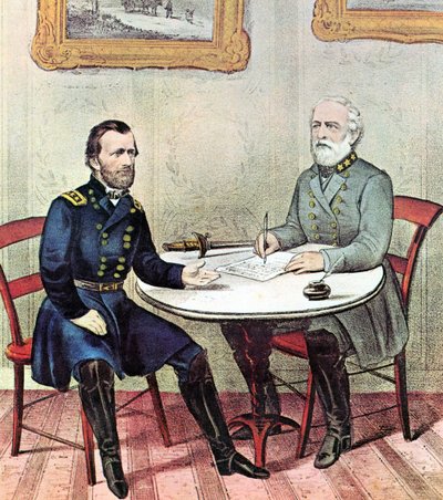 Guerra Civile Americana: Generali Grant (sinistra) e Lee che si incontrano la Domenica delle Palme 1865 per definire i termini della resa dell