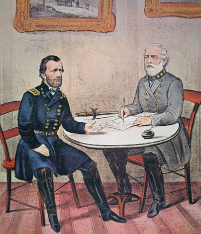 Il generale Robert E. Lee si arrende al generale Ulysses S. Grant ad Appomattox Courthouse, 9 aprile 1865 da Currier and Ives