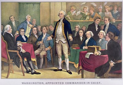 George Washington (1732-99) nominato Comandante in Capo, pubblicato nel 1876 da Currier and Ives