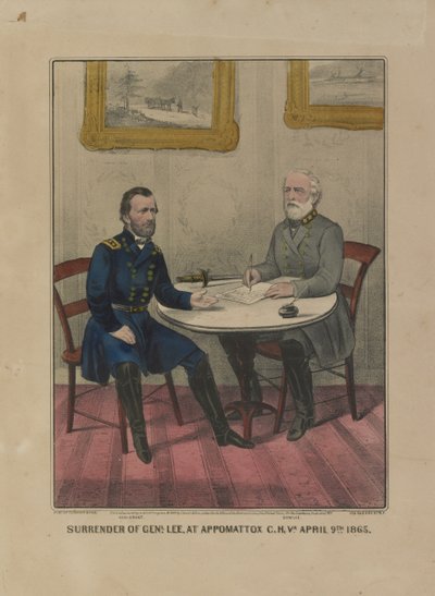 La resa del generale Lee, ad Appomattox C.H. Va. il 9 aprile 1865 (litografia a colori) da Currier and Ives