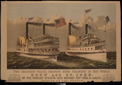 Le più grandi navi da salotto a vapore del mondo, Drew e St John della Peoples Evening Line tra New York e Albany... da N. and Ives J.M. (1824 95) Currier