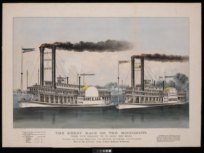 La grande corsa sul Mississippi da New Orleans a St. Louis 1210 miglia. Tra i piroscafi Robt. E. Lee... e Natchez... Vinta da R.E. Lee da N. and Ives J.M. (1824 95) Currier