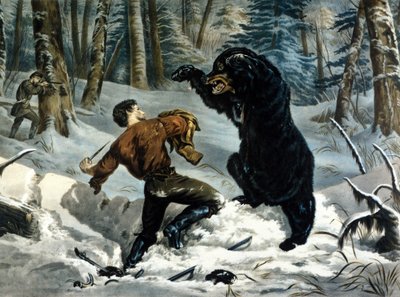 La vita dei Trapper (Cacciatori Professionisti) in Canada: un cacciatore è attaccato da un orso Grizzly. Illustrazione di Yves e Currier. da Currier and Ives