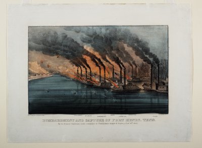Bombardamento e cattura di Fort Henry, Tenn, c.1862 da N. and Ives, J.M. Currier