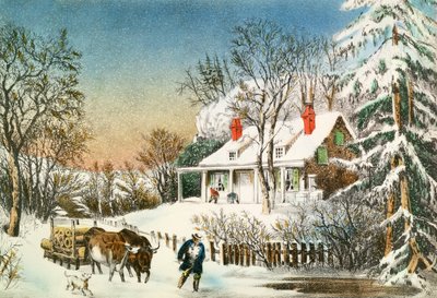 Portare a casa i tronchi, paesaggio invernale da N. and Ives, J.M. Currier