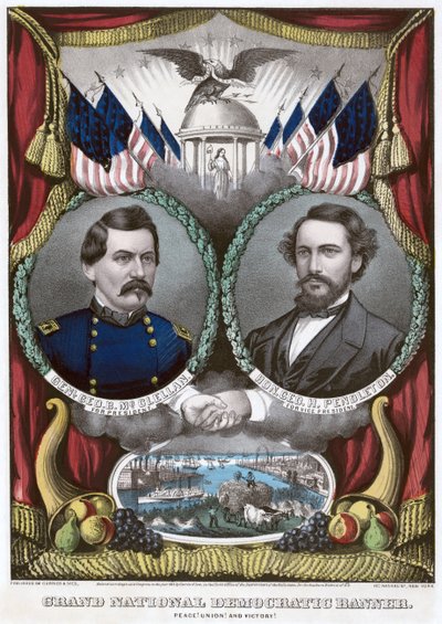 Grande striscione democratico nazionale. Pace! Unione! e vittoria!, 1864 da N. and Ives, J.M. Currier
