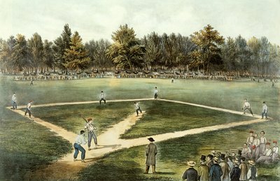 Il gioco nazionale americano del baseball - Grande partita agli Elysian Fields, Hoboken, NJ, 1866 da N. and Ives, J.M. Currier