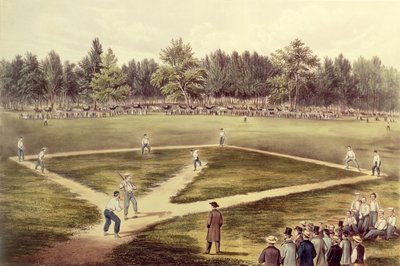 Il gioco nazionale americano del baseball - Grande partita agli Elysian Fields, Hoboken, NJ, 1866 da N. and Ives, J.M. Currier