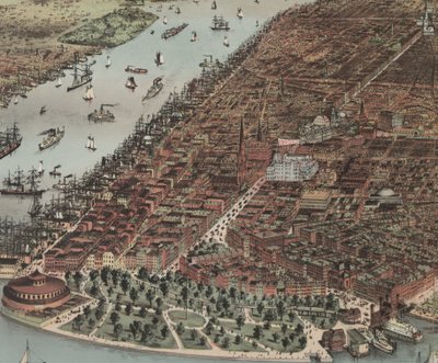 La Città di New York (dettaglio), 1883 da N. and Ives, J.M. Currier