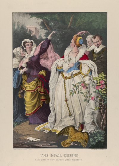Le regine rivali, Maria Stuarda che sfida la regina Elisabetta da N. and Ives, J.M. Currier