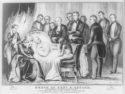 Zachary Taylor sul letto di morte alla Casa Bianca, 1850 da N. and Ives, J.M. Currier