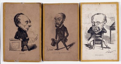 3 Ritratti-caricatura: Francois Pierre Guillaume Guizot (1787-1874), storico e politico francese, Charles Jean-Baptiste (Jean Baptiste) Jacquot detto Eugene de Mirecourt (1812-1880), giornalista e scrittore francese, e Pierre-Joseph Proudhon da Nadar