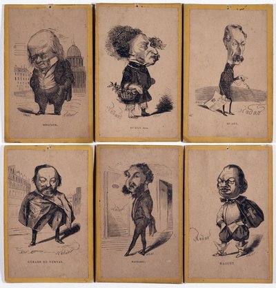 6 Ritratti caricaturali: Pierre Jean de Béranger (1780-1857) cantautore francese, Alexandre Dumas figlio (1824-1895), Louis Adrien Huart (1813-1865) giornalista, scrittore e direttore teatrale francese, Gérard de Nerval (1808-1855), scrittore francese, Cha da Nadar