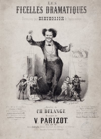 Ritratto di Jean Berthelier (1830-1888) con i figli delle marionette. Album "Les Ficelles Dramatiques deroulees by Berthelier de l
