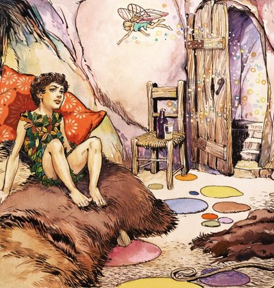 Peter Pan che parla con Campanellino, illustrazione da "Peter Pan" di J.M. Barrie (guazzo su carta) da Nadir Quinto