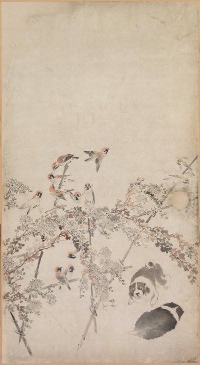 Cuccioli, Passeri e Crisantemi da Nagasawa Rosetsu