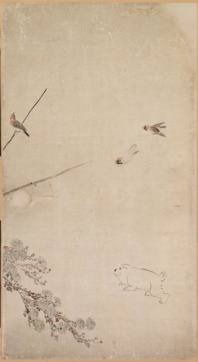 Cuccioli, Passeri e Crisantemi da Nagasawa Rosetsu