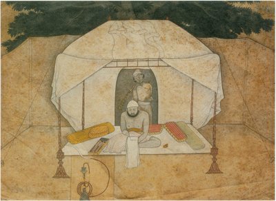 Balwant Singh seduto a scrivere su un letto da campo da Nainsukh