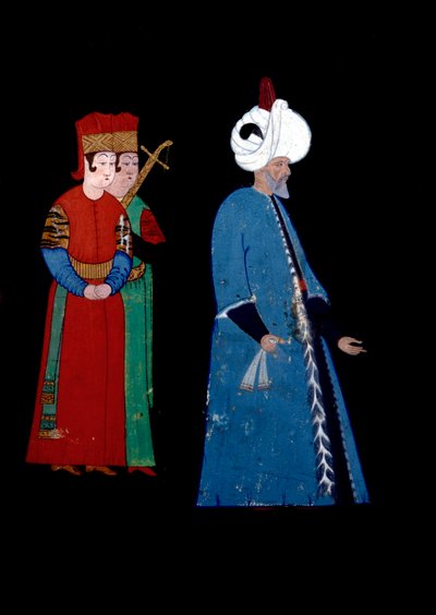 Ritratto del sultano ottomano Solimano I il Magnifico (1494-1566), accompagnato da due guardie armate. Miniatura di Haydar Reys Nigari (1462-1572) da Nakkep called Nigari Reis Haydar