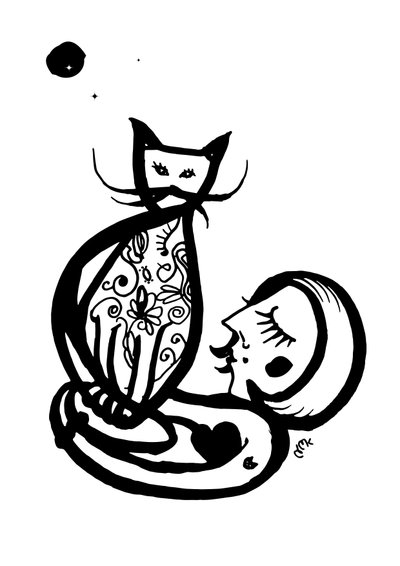 Gatto del mercoledì arty, 2021 (inchiostro su cartoncino) da Nancy Moniz Charalambous