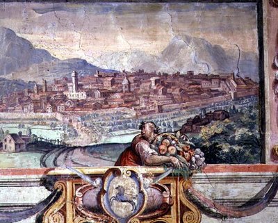 Camera da letto, dettaglio del fregio che raffigura città sotto il dominio dei Medici, possibilmente Volterra da Nanni di B. Bigio and Bartolomeo Ammannati