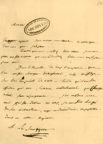 Lettera di Napoleone a Le Saucquer, impiegato di guerra, 3 giugno 1791, 1921 da Napoleon Bonaparte I