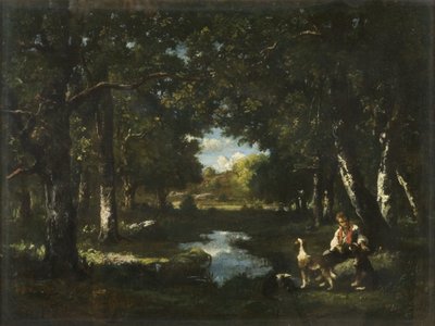 Uomo e cane che riposano in una radura della foresta da Narcisse Virgile Diaz de la Peña