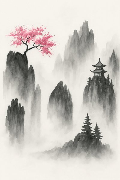 Paesaggio montano giapponese con un albero di sakura e un tempio da Natalie Bruns