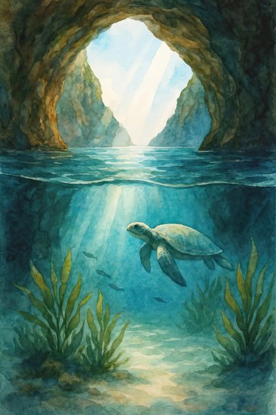 Tartaruga delle grotte oceaniche illuminata dal sole da Natalie Bruns