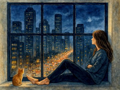 Donna, gatto, città, finestra da Natalie Bruns