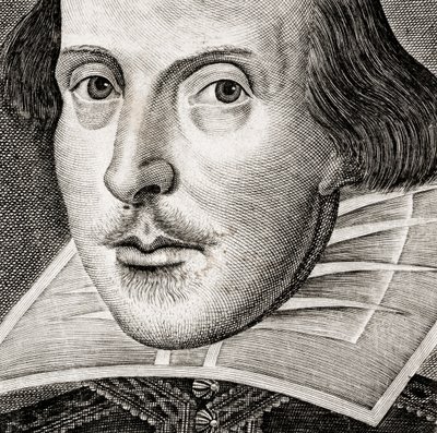 Dettaglio del ritratto di William Shakespeare sul frontespizio di Commedie, storie, & t... da Nathan Benn