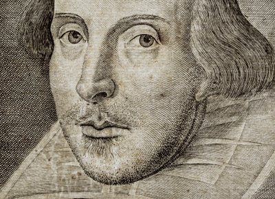 (dettaglio) Ritratto di William Shakespeare sul frontespizio di Commedie, storie, &c. da Nathan Benn