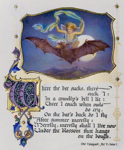 Pagina illuminata di un libro di sonetti di Shakespeare che raffigura una scena da La Tempesta da Nathan Benn