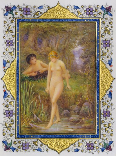 Pagina illuminata da un libro di sonetti di Shakespeare con donna nuda in fantasia pastorale da Nathan Benn
