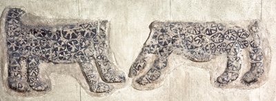 Decorazione murale neolitica di leopardi, scavata a Catal Huyuk in Anatolia centrale da Nathan Benn