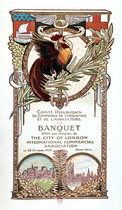 Gallo e monumenti, menu del banchetto del Comitato Repubblicano sul Commercio, Industria e Agricoltura offerto il 22.11.1906 ai delegati dell