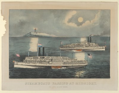 Battelli a vapore che passano a mezzanotte - Sul Long Island Sound da Currier and Ives