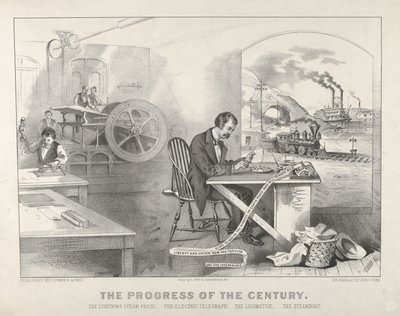 Il progresso del secolo - La stampa a vapore fulminea. Il telegrafo elettrico. La locomotiva, 1876 da Currier and Ives