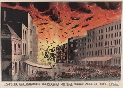 Veduta della terrificante esplosione al grande incendio di New York. Da Broad St. - 19 luglio 1845 da Nathaniel Currier