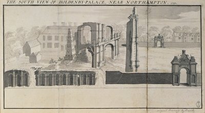 Vista sud di Holdenby House e rovine come viste nel 1729 da Nathaniel and Samuel Buck