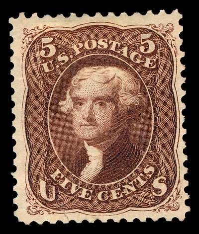 Francobollo da 5 centesimi Thomas Jefferson, ristampa da National Bank Note Company