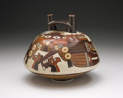 Vaso raffigurante un guerriero mascherato che tiene teste trofeo, 180 a.C.-500 d.C. da Nazca Culture