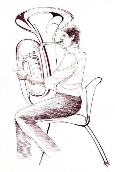 Suonatore di tuba - disegno a inchiostro di un musicista che si esibisce da Neale Osborne