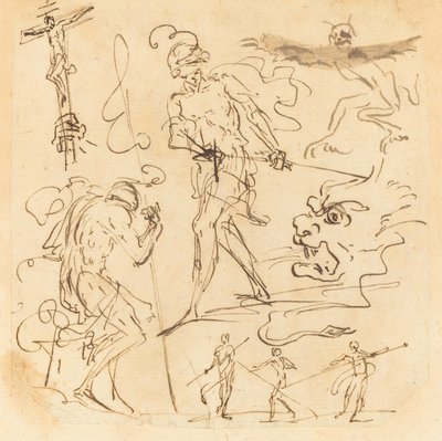 Foglio di studi con un soldato che sguaina una spada, un crocifisso, animali mostruosi e altre figure da Neapolitan 17th Century