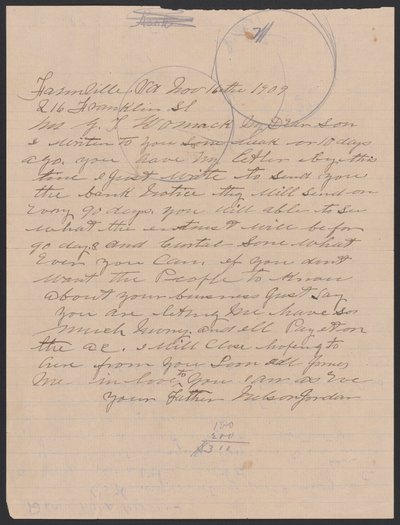 Lettera di Nelson Jordan a Julia Womack con una busta da Nelson Jordan