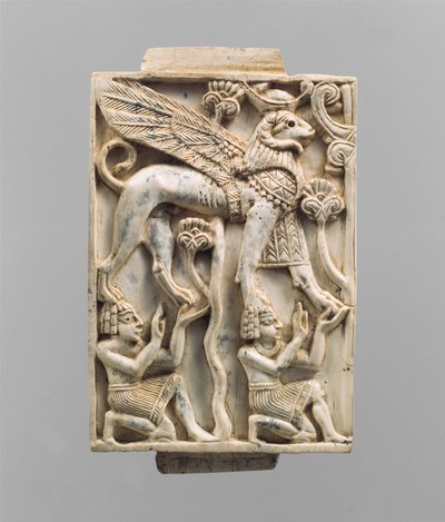 Placca di mobilio scolpita in rilievo con una sfinge a testa di ariete, c.IX-VIII secolo a.C. da Neo Assyrian